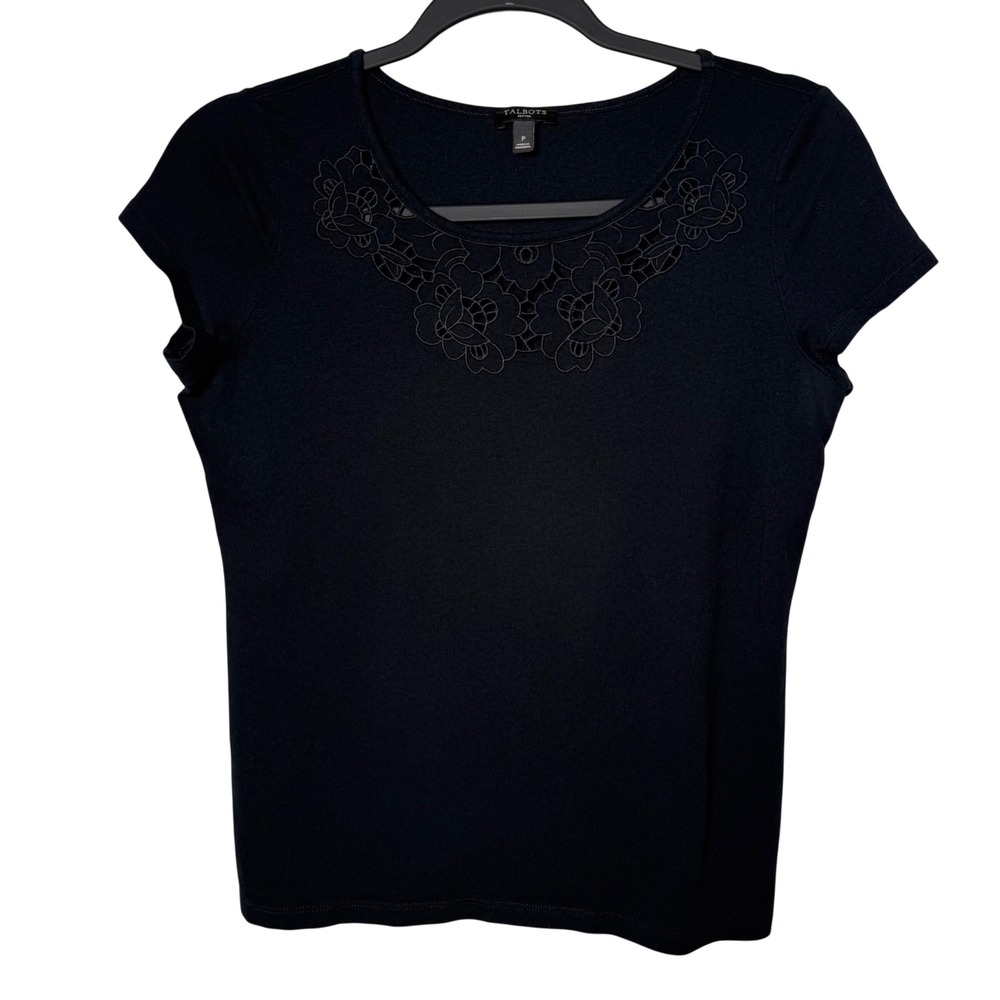 Talbots Petite Small Black Floral Embroidered Eyelet Scoop Cotton Modal Knit Top